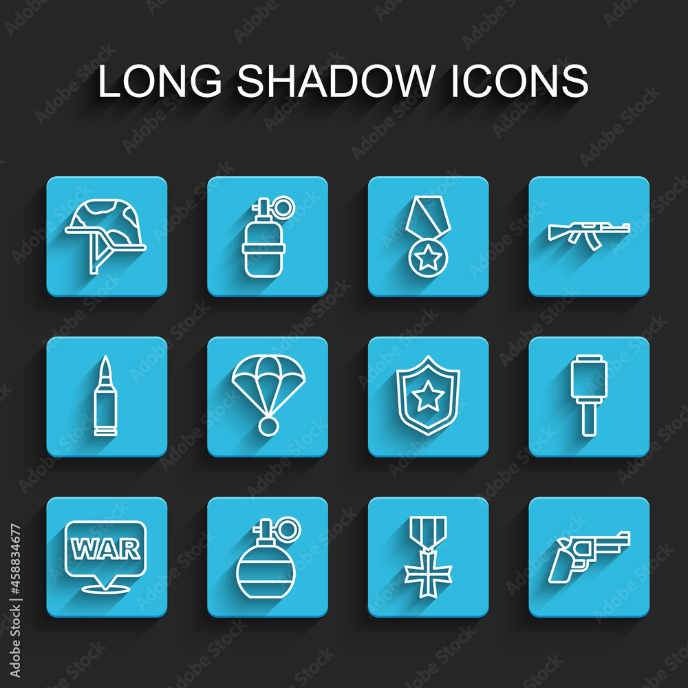 Set line The word war, Hand grenade, Military helmet, reward medal, Pistol gun, Parachute, Anti-tank hand and Police badge icon. Vector Set line The word war, Hand grenade, Military helmet, reward medal, Pistol gun, Parachute, Anti-tank hand and Police badge icon. Vector