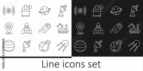 Set line Satellite, Mars rover, Planet Saturn, Rocket ship, Alien, Cosmic, Comet falling down fast and Astronomical observatory icon. Vector