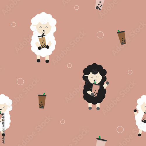 white sheep and black sheep are drinking Boba tea fabric seamless cute pattern