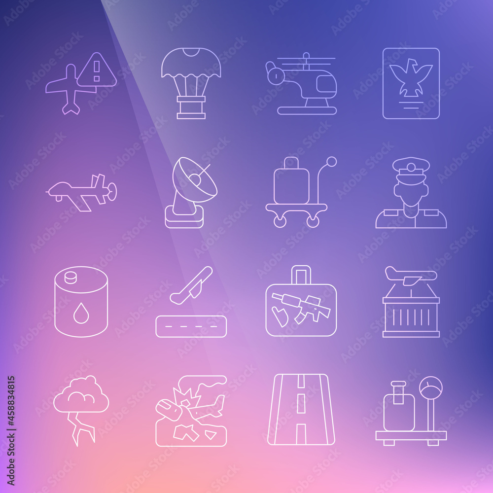 Set line Scale with suitcase, Plane, Pilot, Helicopter, Radar, UAV Drone, Warning aircraft and Trolley baggage icon. Vector Set line Scale with suitcase, Plane, Pilot, Helicopter, Radar, UAV Drone, Warning aircraft and Trolley baggage icon. Vector