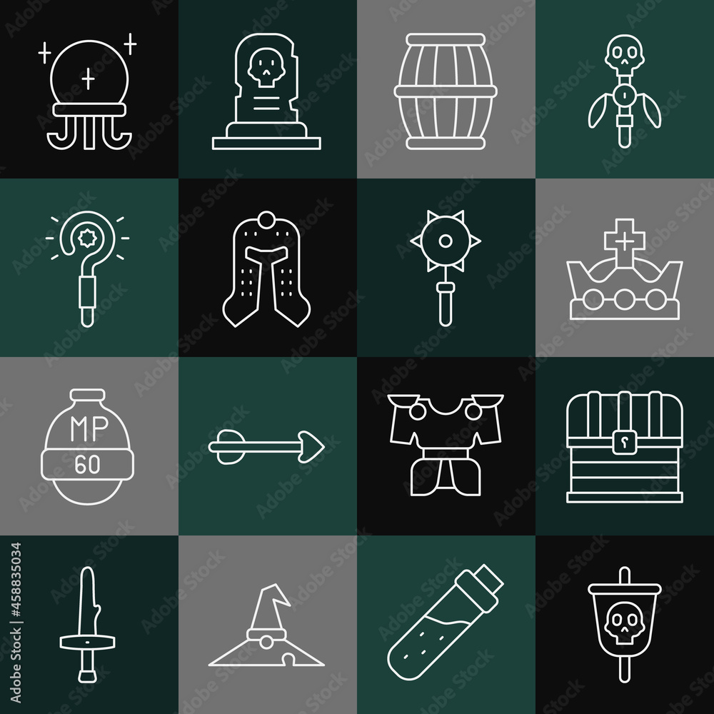 Set line Pirate flag, Chest, King crown, Gun powder barrel, Medieval helmet, Magic wand, ball and chained mace icon. Vector Set line Pirate flag, Chest, King crown, Gun powder barrel, Medieval helmet, Magic wand, ball and chained mace icon. Vector