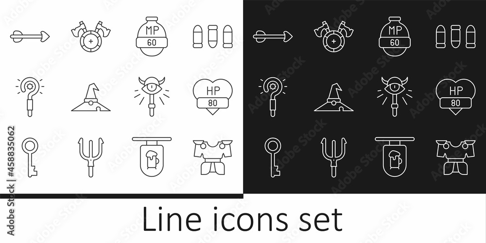 Set line Body armor, Video game bar, Witch hat, Magic wand, Arrow, staff and Medieval shield with axe icon. Vector
