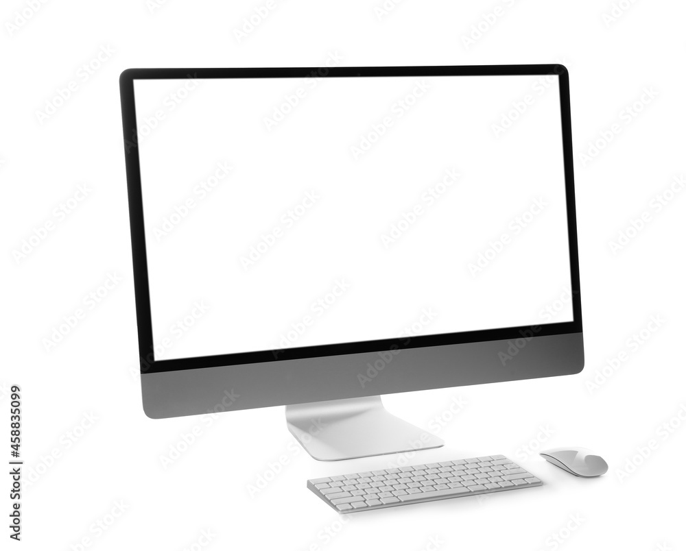 Modern computer with blank monitor screen and peripherals on white background Modern computer with blank monitor screen and peripherals on white background