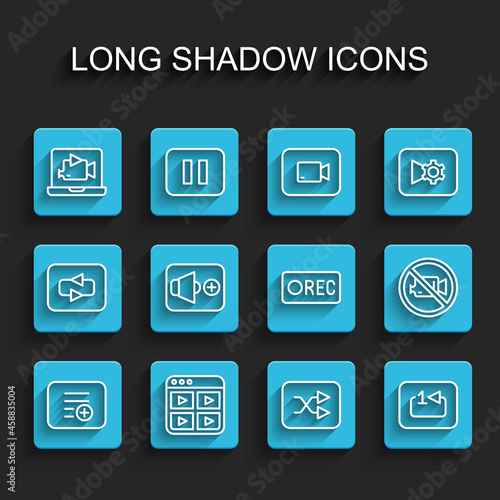 Set line Add to playlist, Music, Online video, Arrow shuffle, Repeat track music player, Speaker volume, Prohibition no recording and Record button icon. Vector