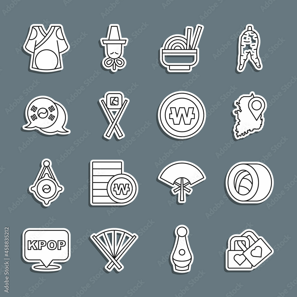 Set line Lock with heart, Sushi, South Korea map, Asian noodles in bowl, chopsticks, flag, Kimono and Korean won coin icon. Vector Set line Lock with heart, Sushi, South Korea map, Asian noodles in bowl, chopsticks, flag, Kimono and Korean won coin icon. Vector