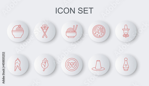 Set line Soju bottle, Ginseng root, Asian noodles bowl, Korean hat, Ramen, Sushi with chopsticks, Kimchi and South won coin icon. Vector