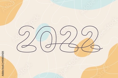 Happy New Year 2022 lettering on modern vector background with simple shapes. Greeting card design template with typography label