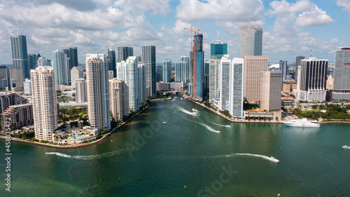 Miami, FL USA - 9-18-2021: Aerial view of the Miami River entrance in between Brickell Key and downtown Miami.