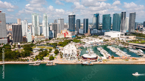 Miami, FL USA - 9-18-2021: Drone view of the vibrant Bayfront Marina in downtown Miami.