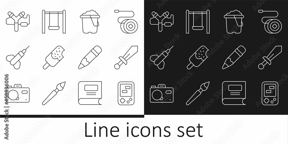 Set line Tetris electronic game, Sword toy, Sand in bucket, Ice cream, Dart arrow, Slingshot, Pencil with eraser and Swing icon. Vector Set line Tetris electronic game, Sword toy, Sand in bucket, Ice cream, Dart arrow, Slingshot, Pencil with eraser and Swing icon. Vector