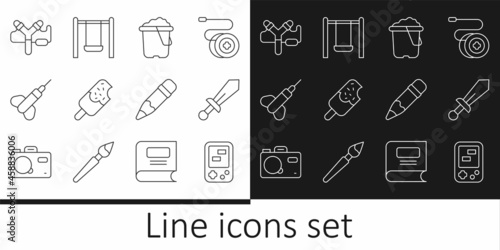 Set line Tetris electronic game, Sword toy, Sand in bucket, Ice cream, Dart arrow, Slingshot, Pencil with eraser and Swing icon. Vector