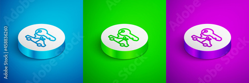 Isometric line Car gift icon isolated on blue, green and purple background. Car key prize. White circle button. Vector