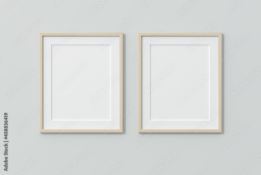 Wooden frames on white wall. 3D render wooden frame mock up. Empty interior. 3D illustrations. 3D design interior. Template for business. Passe partout frame. Shadow on the wall. Place for your text. Wooden frames on white wall. 3D render wooden frame mock up. Empty interior. 3D illustrations. 3D design interior. Template for business. Passe partout frame. Shadow on the wall. Place for your text.