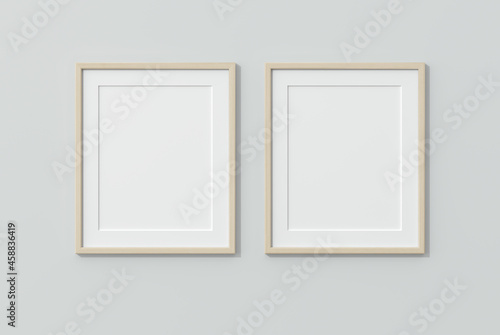 Wooden frames on white wall. 3D render wooden frame mock up. Empty interior. 3D illustrations. 3D design interior. Template for business. Passe partout frame. Shadow on the wall. Place for your text.