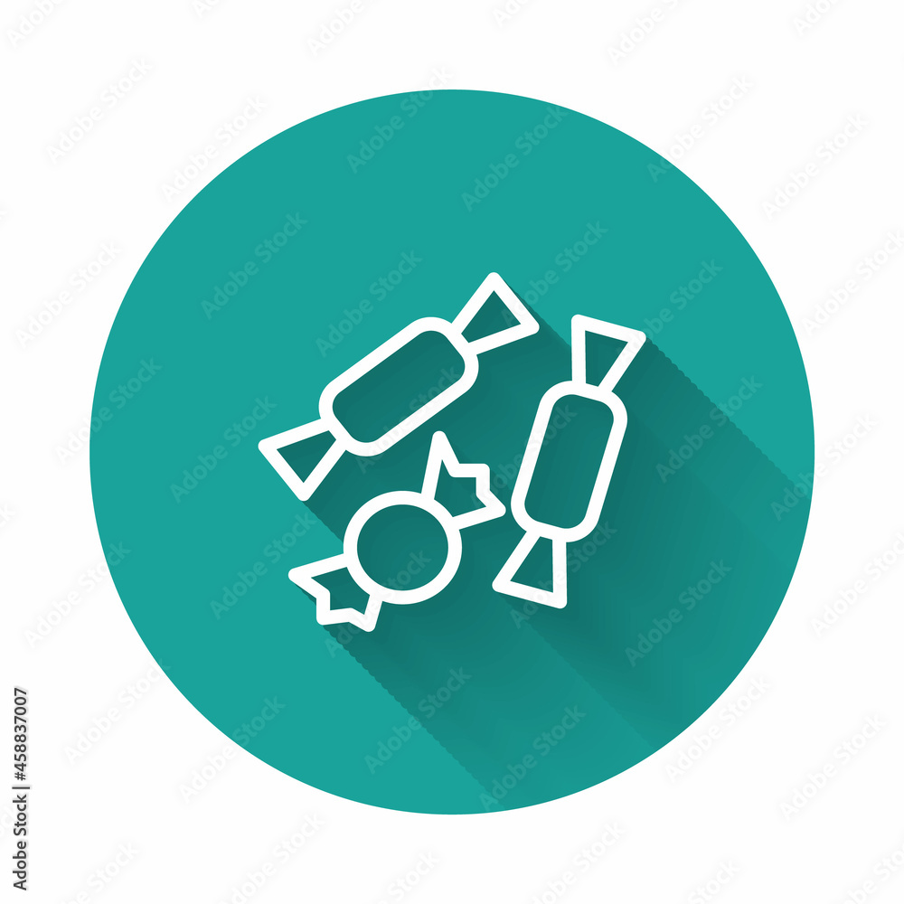 White line Candy icon isolated with long shadow background. Happy Halloween party. Green circle button. Vector White line Candy icon isolated with long shadow background. Happy Halloween party. Green circle button. Vector