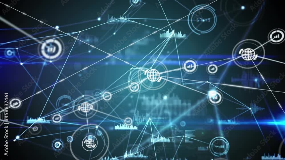 Animation of network of connections with icons over dark background Animation of network of connections with icons over dark background