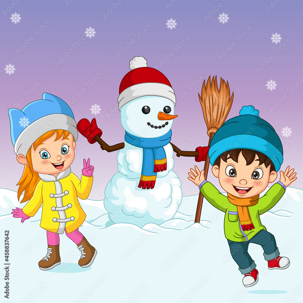 Fototapeta premium Cartoon little kids playing in the snow with snowman 