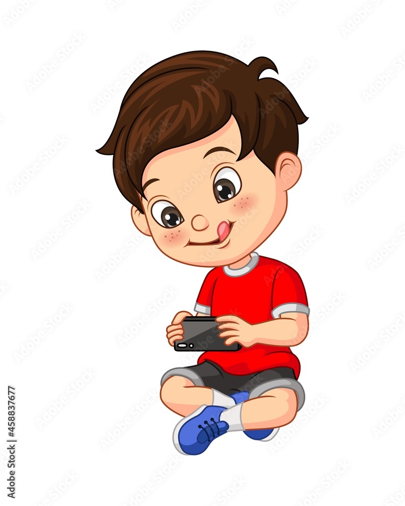 Cartoon little boy with mobile phone Cartoon little boy with mobile phone