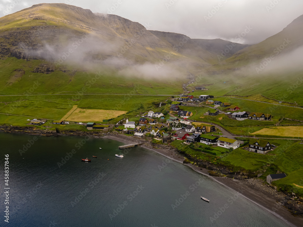 Beautiful aerial view of Gasadalur landscapes in the Faroe Islands