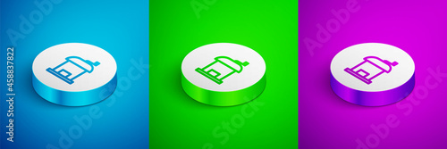 Isometric line Manual coffee grinder icon isolated on blue, green and purple background. White circle button. Vector