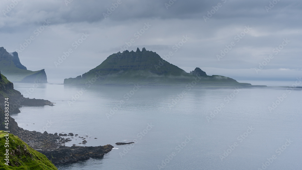 Fototapeta premium Beautiful aerial view of Gasadalur landscapes in the Faroe Islands