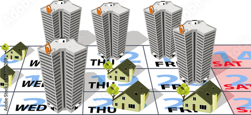 Calendar with office buildings and homes occupy different week days representing hybrid work week schedule, EPS 8 vector illustration