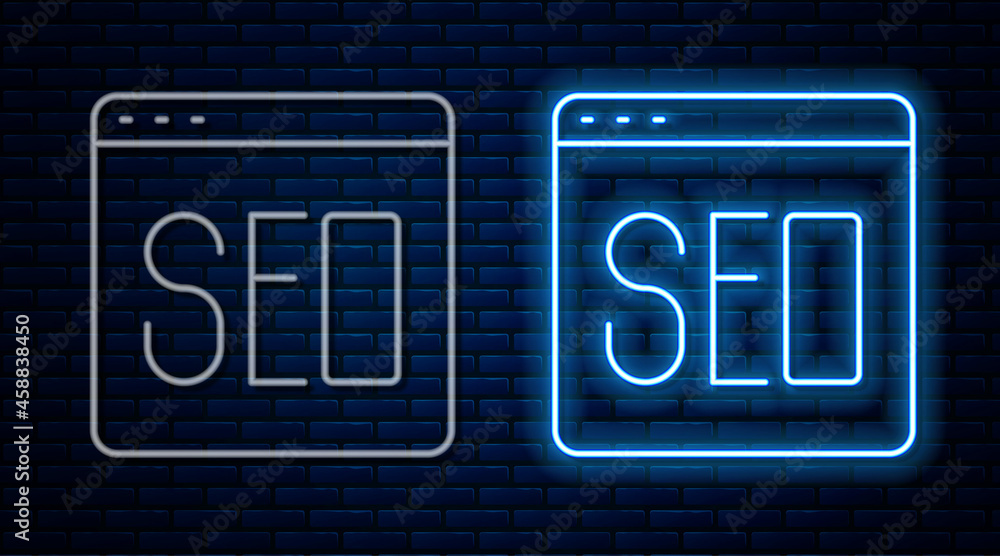 Glowing neon line SEO optimization icon isolated on brick wall background. Vector Glowing neon line SEO optimization icon isolated on brick wall background. Vector