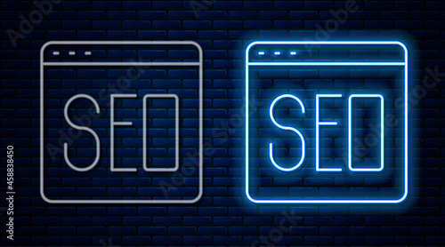 Glowing neon line SEO optimization icon isolated on brick wall background. Vector