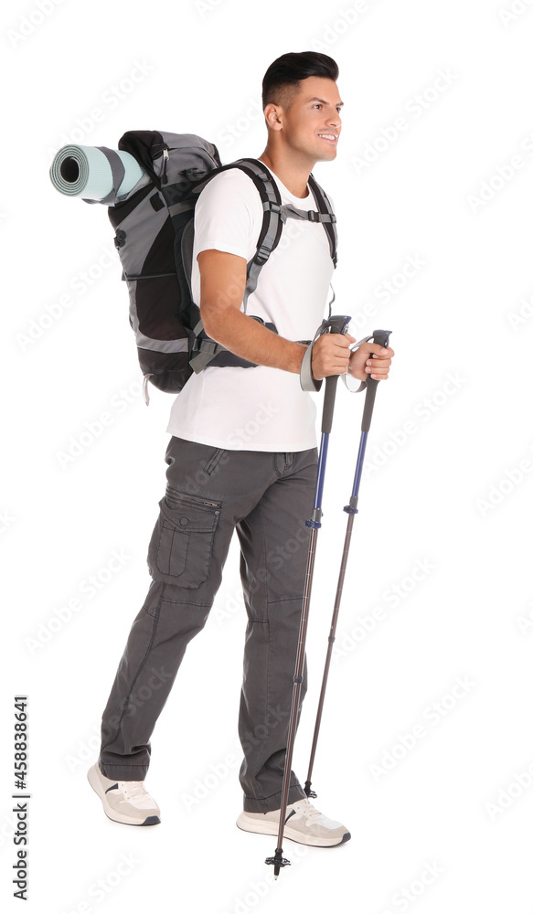 Male hiker with backpack and trekking poles on white background Male hiker with backpack and trekking poles on white background