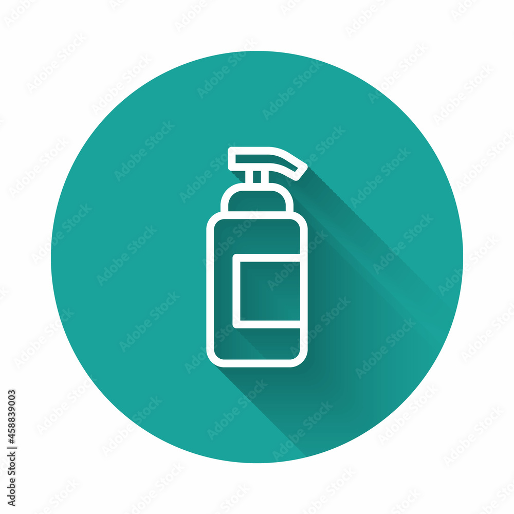 White line Bottle of liquid antibacterial soap with dispenser icon isolated with long shadow background. Antiseptic. Disinfection, hygiene, skin care. Green circle button. Vector White line Bottle of liquid antibacterial soap with dispenser icon isolated with long shadow background. Antiseptic. Disinfection, hygiene, skin care. Green circle button. Vector