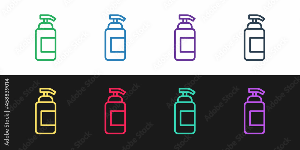 Set line Bottle of liquid antibacterial soap with dispenser icon isolated on black and white background. Antiseptic. Disinfection, hygiene, skin care. Vector Set line Bottle of liquid antibacterial soap with dispenser icon isolated on black and white background. Antiseptic. Disinfection, hygiene, skin care. Vector