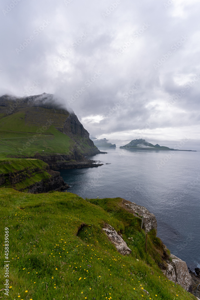 Beautiful aerial view of Gasadalur landscapes in the Faroe Islands