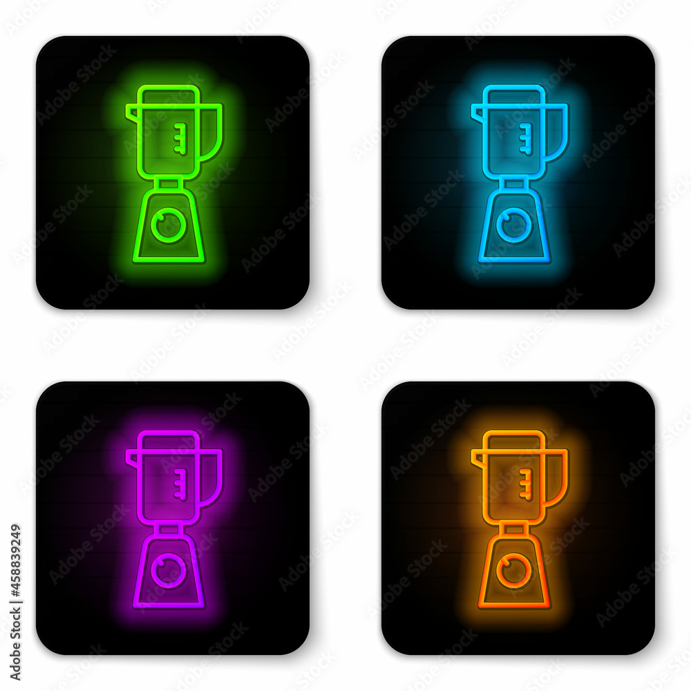 Glowing neon line Blender icon isolated on white background. Kitchen electric stationary blender with bowl. Cooking smoothies, cocktail or juice. Black square button. Vector Glowing neon line Blender icon isolated on white background. Kitchen electric stationary blender with bowl. Cooking smoothies, cocktail or juice. Black square button. Vector
