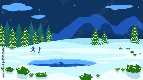 A Snowy Landscape With People, Mountains, Christmas Trees And An Ice Hole Where Fish Splashes