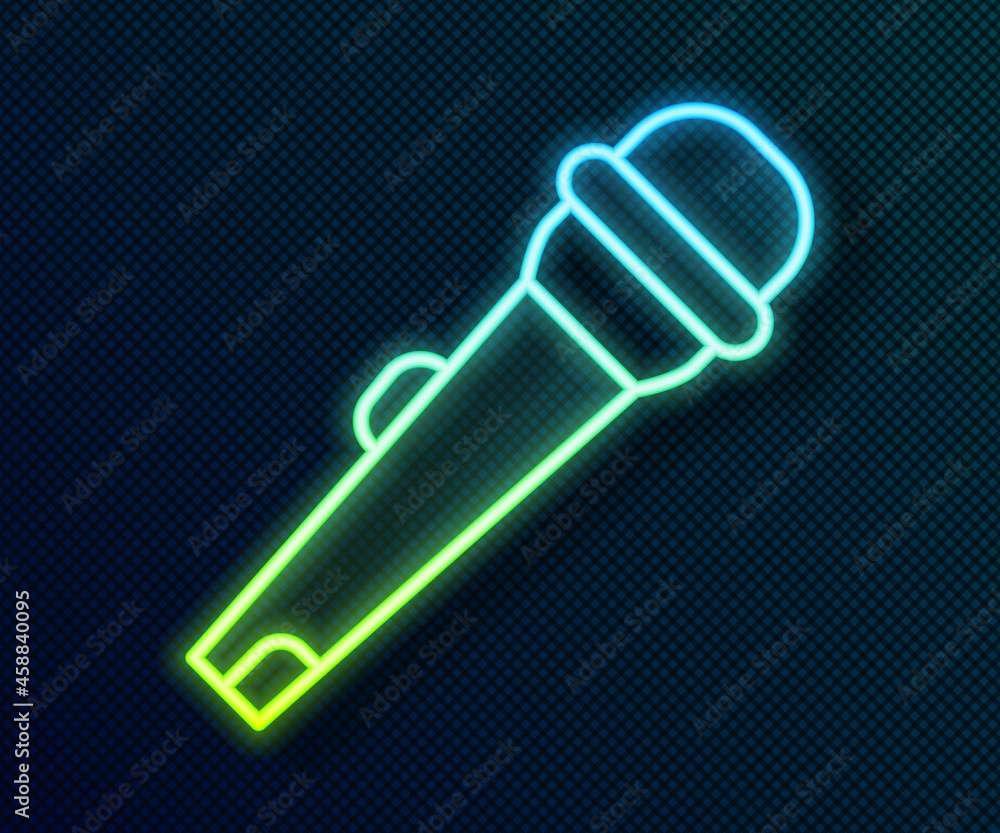Glowing neon line Microphone icon isolated on black background. On air radio mic microphone. Speaker sign. Vector Glowing neon line Microphone icon isolated on black background. On air radio mic microphone. Speaker sign. Vector