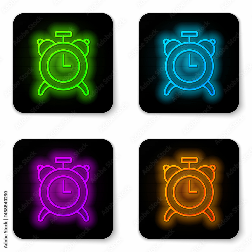 Glowing neon line Alarm clock icon isolated on white background. Wake up, get up concept. Time sign. Black square button. Vector Glowing neon line Alarm clock icon isolated on white background. Wake up, get up concept. Time sign. Black square button. Vector