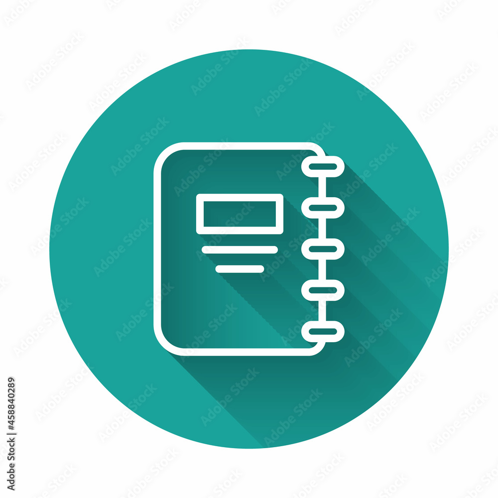 White line Notebook icon isolated with long shadow background. Spiral notepad icon. School notebook. Writing pad. Diary for school. Green circle button. Vector White line Notebook icon isolated with long shadow background. Spiral notepad icon. School notebook. Writing pad. Diary for school. Green circle button. Vector