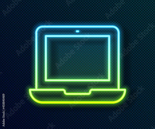 Glowing neon line Laptop icon isolated on black background. Computer notebook with empty screen sign. Vector