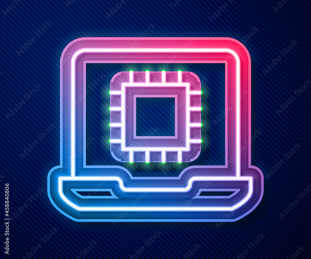 Glowing neon line Computer processor with microcircuits CPU icon isolated on blue background. Chip or cpu with circuit board. Micro processor. Vector