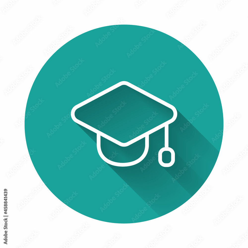 White line Graduation cap icon isolated with long shadow background. Graduation hat with tassel icon. Green circle button. Vector White line Graduation cap icon isolated with long shadow background. Graduation hat with tassel icon. Green circle button. Vector