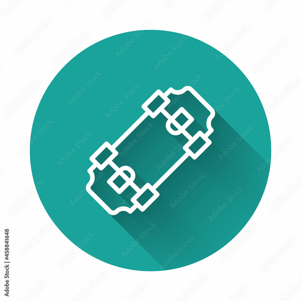 White line Skateboard icon isolated with long shadow background. Extreme sport. Sport equipment. Green circle button. Vector White line Skateboard icon isolated with long shadow background. Extreme sport. Sport equipment. Green circle button. Vector