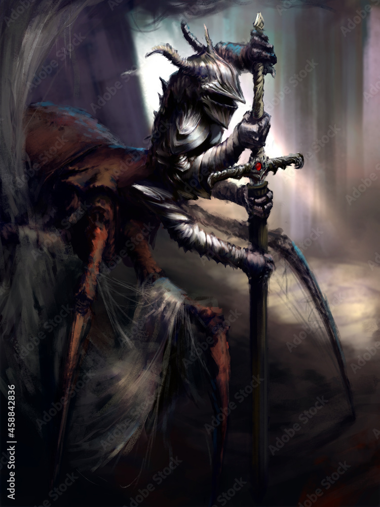The arachno-knight pulls out a huge sword from its sheath, he is
