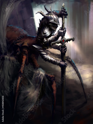 The arachno-knight pulls out a huge sword from its sheath, he is dressed in shiny armor, he has four arms, his lower body is from a spider, he is shrouded in cobwebs. 2D illustration