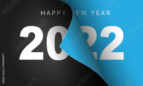 Happy New Year 2022 winter holiday greeting card design template. End of 2021 and beginning of 2022. The concept of the beginning of the New Year. The calendar page turns over and the new year begins.