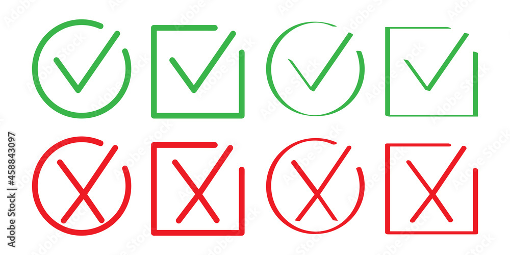 Cross mark icon set. Circle, square frames. Red and green signs. Checklist concept. Vector illustration. Stock image. Cross mark icon set. Circle, square frames. Red and green signs. Checklist concept. Vector illustration. Stock image.