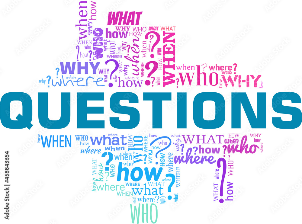 Questions - who, where, when, why etc. vector illustration word cloud isolated on white background. Questions - who, where, when, why etc. vector illustration word cloud isolated on white background.