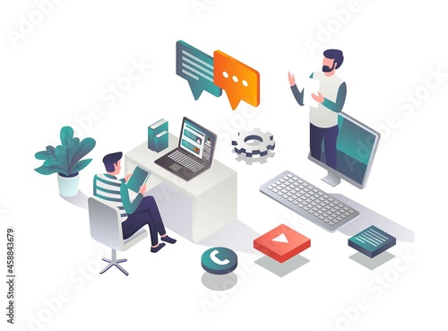 A student studying with a virtual teacher in isometric illustration