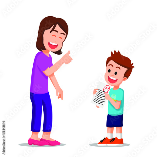 Happy mother gives a thumbs up to her son who gets a perfect score in the exam