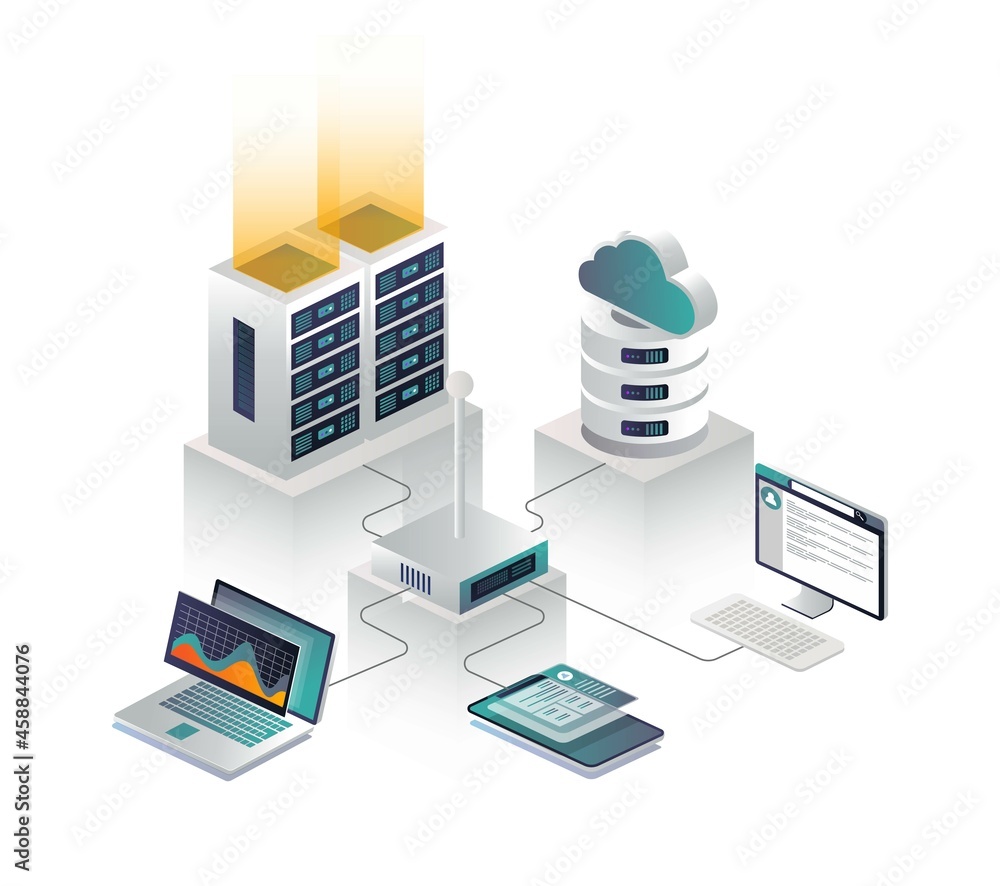 flat isometric vector illustration Cloud connection to a router and cloud server flat isometric vector illustration Cloud connection to a router and cloud server