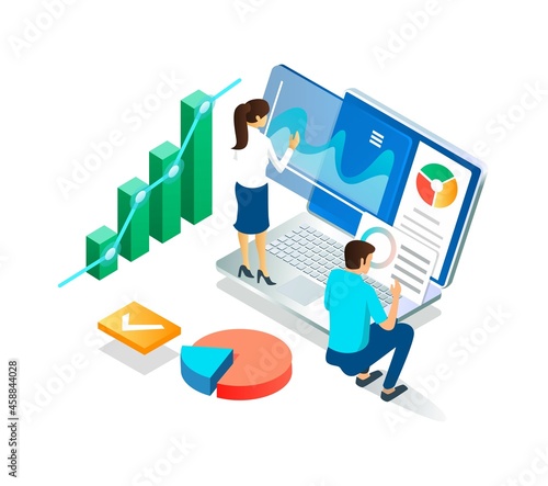flat isometric illustration concepts, publish digital reports in real-time and analyze data or files